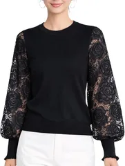 Blisvia レース袖 トップス 長袖 ふんわり 体型カバー 上品見え きれいめ 大人カジュアル レディース (ブラック,  Free Size)