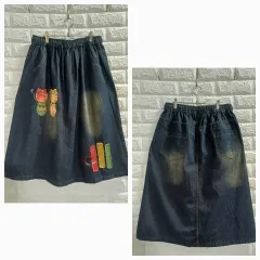 猫 刺繍 ロング丈 スカート