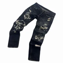 テテイ デニムパンツ メンズ W32 ブラックデニム ややテーパード ダメージ クラッシュ 雰囲気最高 スター Y2K ジーンズ ジーパン