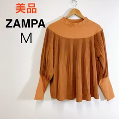 美品 ZAMPA プリーツ切替ハイネックプルオーバー M オレンジ 長袖ブラウス プリーツトップス ザンパ Pleated High Neck Pullover Mのサムネイル