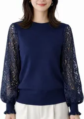 Blisvia レース袖 ブラウス 長袖 上品 きれいめ すっきりシルエット 大人 レディース (ネイビーブルー,  Free Size)