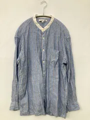 UNIQLO ユニクロ シャツ/ブラウス L ブルー リネン・麻 ストライプ柄 長袖 スタンドカラー