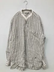 UNIQLO ユニクロ シャツ/ブラウス L ホワイト リネン・麻 ストライプ柄 ワンポイント 刺繍 長袖 ミドル丈 スタンドカラー