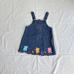 美品 日本製 MIKI HOUSE ミキハウス 女の子 子供用 ベビー 赤ちゃん デニム ジャンパースカート 90㎝ インディゴ ブルー ピンク オレンジ ブルー クマ ヒヨコ アニマル お花 フリル かわいい　レトロ　ジャンパースカート　コットン