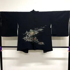 羽織　黒羽織　建物　梅花　風景　身丈73　裄64.5　正絹　着物　024tz
