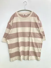 UNIQLO U ユニクロユー Tシャツ/カットソー XL ベージュ ボーダー柄 ブランドロゴ ミドル丈 半袖 クルーネック(丸首)