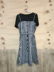 1055) 半袖 チェック ワンピース ミディ丈