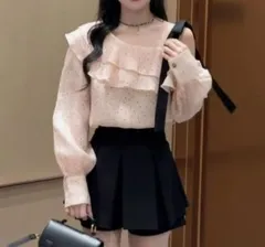 オフショルダー ドット柄 ブラウス レディース 春 長袖 フリル リボン付き トップス フェミニン おしゃれ