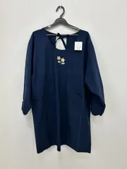 【91144NB】訳あり お花 ワッペン刺繍  割烹着 かっぽう 綿100% 日本製 保育士 コスプレ 作業着 お花屋さん レトロ 昭和 平成 シンプル ネイビー 紺