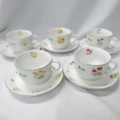 カップ&ソーサー 絵変わり コーヒーカップ 小皿受皿兼用 10点セット 5客セット   皿サイズ 直径 約14.5cm  中心のくぼみがないのでデザート皿など 単品で小皿としても使用可能です。【未使用保管品】W081