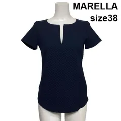 ◇ マレーラ MARELLA 半袖カットソー ブラウス キーネック 裾ラウンドカット 凹凸生地 ネイビー 紺色 38 M 9号 レディース S6D205のサムネイル