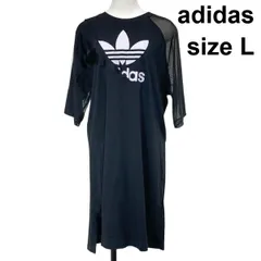 ◇ アディダス adidas アディカラー アシンメトリーTシャツワンピース 右裾スリット 膝丈 メッシュ シアー感 綿 L 11号 レディース S6D248