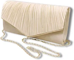 RENASYS クラッチバッグ 結婚式 パーティーフォーマル チェーン付き サテンプリーツ 二次会 お呼ばれ セレモニー サブバッグ (ゴールド)