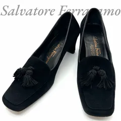 【B5024】 Salvatore Ferragamo サルヴァトーレフェラガモ パンプス スエード タッセル チャンキーヒール ブラック
