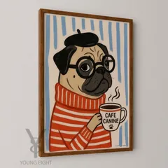 ポスター 【 パグ / Pug  】お洒落  おしゃれ  犬  イラスト 額装済み カフェ風 インテリア モダン レトロ  北欧風 - 1