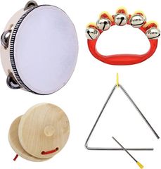 Donnaly Musical Instrument Set for Children: 4-Piece Percussion Set (Tambourine, Triangle, Castanets, Bells) - Lightweight Wooden Instruments (20cm)