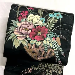 名古屋帯　アンティーク　手描き　花籠　牡丹　椿　桔梗　撫子　着物　032tz