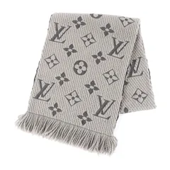 美品★LOUIS VUITTON ルイヴィトン エシャルプ ロゴマニア ウール シルク混 フリンジ付 マフラー グレージュ 箱付き イタリア製 正規品 レディース