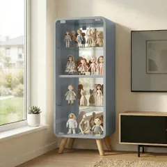 コレクションケース ガラスケース 4段 フィギュアケース 背面ミラー 高さ調節 可動棚 ディスプレイラック 強化ガラス 収納 ショーケース 推し活 インテリア グレー GREY