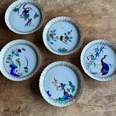 九谷焼　倣古九谷　花鳥文輪花銘々皿　5客揃い　角福銘