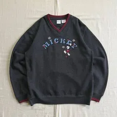 90s　vintage　Old Disney　ヴィンテージディズニー　MICKEY　ぶら下がりミッキーマウス　キャラクター　アーチロゴワッペン　花刺繍　リブライン　Vネック　スウェット　トレーナー　グレー　Y2K　アメカジ　v-neck sweat shirt