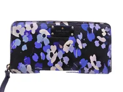kate spade ケイトスペード フェイクレザー 花柄 ラウンドファスナー 長 財布 黒ｘ青 ■■ レディース