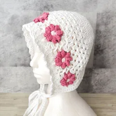 大人のボンネット　クロシェハット　ヘッドドレス　バブーシュカ　コットン　手編み　夏　バラクラバ　バケットハット　ニットフード　ハンドメイド