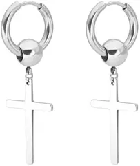 ROSELLA 十字架 ピアス クロスリング フープピアス メンズ レディース チェーン ステンレス 両耳 2つ入り 韓国ファッション 人気デザイン アクセサリー (ボール付きクロス)