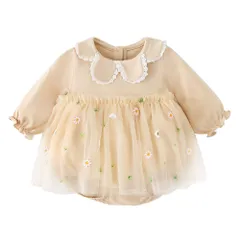 [Reegoo Peter] ベビー服 カバーオール ドレス ボディースーツ チュールスカート 春 秋 女の子 新生児 子供服 刺繍 キク柄プレ カーキ 66 3-6ヶ月
