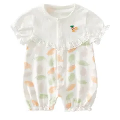 Baby nest ベビーロンパース 新生児服 カバーオール ベビーウェア 赤ちゃん肌着 女の子 かわいい 夏 半袖 葉柄 オレンジ 6-9ヶ月