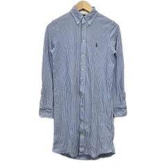 ラルフローレン ワンピース サイズM レディース美品  - ライトブルー×白 レギュラーカラー/長袖/ひざ丈/ストライプ/シャツワンピ