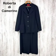 美品 Roberta di Camerino ロベルタディカメリーノ ワンポイントロゴ ウールニット ジャケット スカート セットアップ ブラック 大きいサイズ