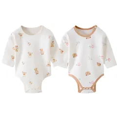 [Hapipana] ベビー用ロンパース 綿100% カバーオール 足なし 長袖 ベビー服 パジャマ ボディシャツ 通気 かわいい 女の子 男の子 赤ちゃん 総柄 ニット 肌着 春 秋 冬（熊ちゃん，90）