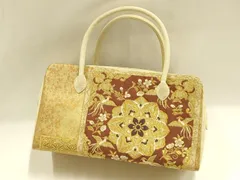 平和屋着物●和装小物　和装バッグ　ハンドバッグ　利休バッグ　花鳥文　花喰い鳥　金糸　帯地使用　逸品　AABH6754ay