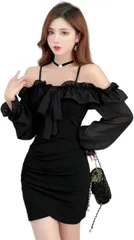NOVUS VENTUS オフショルダー キャミ タイト ミニ フリル ワンピース レディース リボン ドレス ミニ丈 キャミソール シフォン 肩出し かわいい カワイイ 可愛い 肩ひも 肌見せ キレイ 綺麗 きれいめ (ブラック,  M)