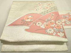 MO-3705 作り帯 付け帯 ワンタッチ帯 名古屋帯 刺繍 花模様 銀色 