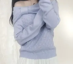 セシルマクビー ライトパープル リボン パール オフショルダー ニット 달천 姉ギャル