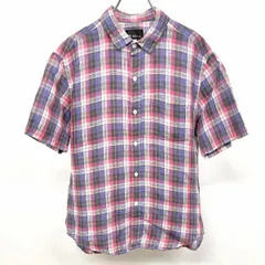 古着 THE SHOP TK MIXPICE 若干薄手 シャツ チェック 半袖 胸ポケット 麻100% M パープル×ピンク×イエロー×オフホワイト ピンク系 メンズ