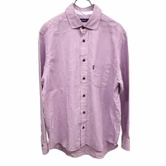 【中古】[印象AB] Golden Bear ゴールデンベア シャツ メンズ L パープル 紫×ベージュ×白×ピンク×青 綿×麻 コットン×リネン 襟裏と手首ボタンの裏にストライプ柄 胸ポケット付き ロングテール ストライプ×ドット風の柄 長袖のサムネイル