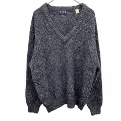 古着 ECO CROCODILE ニット セーター Vネック ダイヤチェック 長袖 フリーダムスリーブ ウール×綿×シルク L メランジ ネイビー 紺 メンズ