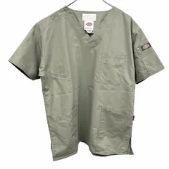 【中古】[印象A] Dickies フォーク|ディッキーズ プルオーバー / ワークシャツ メンズ M グリーンカーキ 緑系 ポリ×綿 裾の両側にスリット 左袖にロゴパッチ Vネック 右肩にリングドットボタン 半袖のサムネイル