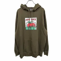 【中古】[印象AB] BEAMS T ビームスT|キースへリング パーカー / プルオーバー / スウェット メンズ LL XL グリーンカーキ 緑系×赤×緑×白 綿100% 裏毛 プリント 長袖のサムネイル