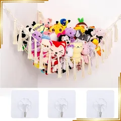 【新品】 収納ハンモック ぬいぐるみ 収納 ハンモック 収納ネット ぬいぐるみ 収納 吊り下げ式 三角手編み綿ロープ コーナーネット 子供部屋収納 片付け 部屋 保育園 お風呂 室内用 取り付け簡単 3つの粘着フック付き 0のサムネイル