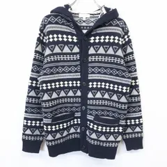 古着 UNITED ARROWS BEAUTY＆YOUTH ユナイテッドアローズ M レディース ニット カーディガン パーカー 幾何学柄ボーダー 長袖 ウール100% 紺
