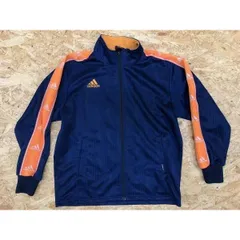 古着 adidas アディダス サイズ140 キッズ トラックジャケット ジップ モックネック ロゴ刺繍 バックプリント 長袖 ジャージ ブルー×オレンジ