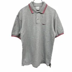 古着 ナイキ NIKE ポロシャツ 鹿の子 ロゴ刺繍 スウォッシュ ポケット無し 半袖 裾の両側にスリット 綿100% M ヘザーグレー 杢グレー×赤 メンズ