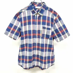 古着 アーノルドパーマー Arnold Palmer 若干薄手 シャツ チェック 胸ポケットにパラソルの刺繍 半袖 綿×麻 L 青系×茶×黄緑×白 メンズ 男性