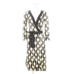 ダイアンフォンファステンバーグ DIANE von FURSTENBERG ワンピース カシュクール ひざ丈 長袖 シルク 絹 ストレッチ リボン ボタニカル 総柄 0 S ベージュ 黒 ブラック /AH10 ■GY3のサムネイル