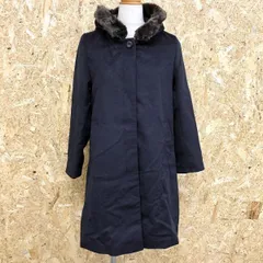 古着 earth music＆ecology ノーカラ―コート フードとファー脱着可 裏地付き 長袖 ボタン留め フライフロント M ネイビー 紺 レディース