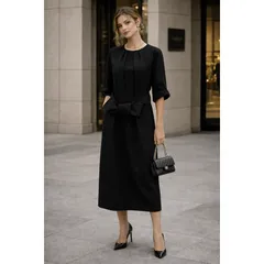 DRESSPLUS ミディドレス ブラック 黒 フロントタック ベルト付き レディース Lサイズ 上品 エレガント フォーマル ワンピース 美シルエット 体型カバー 膝下丈 半袖 パーティー 結婚式 二次会 発表会 　通勤  おしゃれ 高級感 　洗練 　きれい